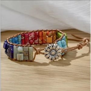 Natural Stone Leather Wrap Beaded Bracelet Handmade
